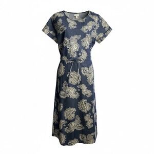 Cotton Denim Midi Dress Women's Medium Blue Paisley Pockets Boho